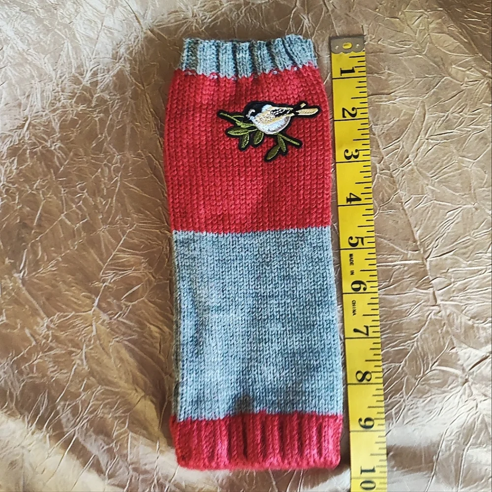 Fingerless Warm Gloves Thumb Holes Red Gray Grey Embroidered Birds Mittens NEW